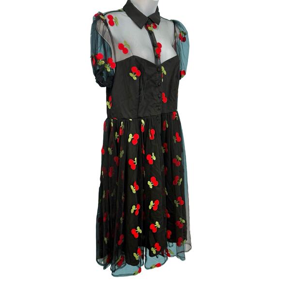 Unique Vintage Collared Sheer Embroidered Black Red Cherry Dress size L 10 12 - Picture 9 of 15